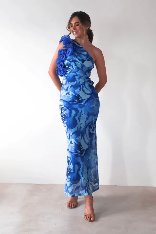 Elegant One-Shoulder Camisole Slant Shoulder Ankle-Length Maxi Dress