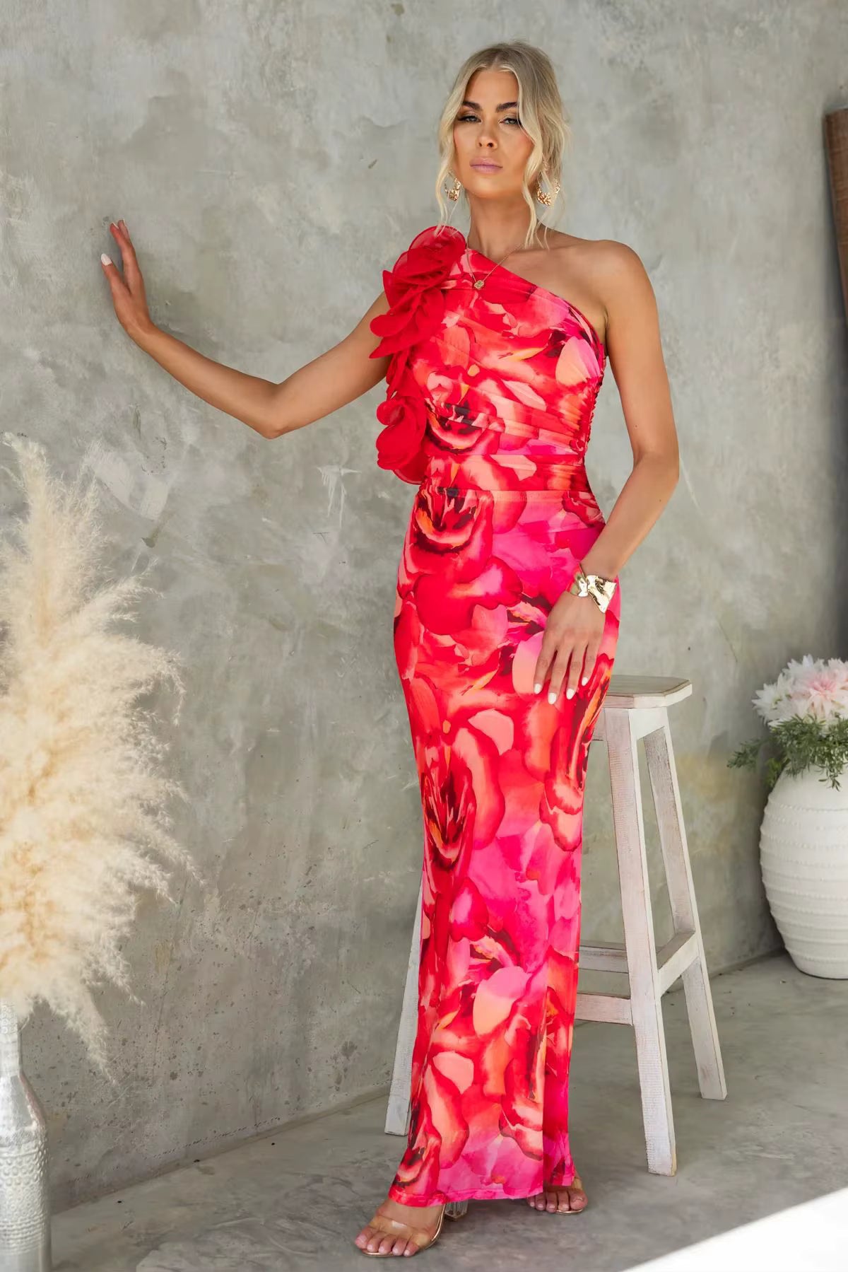 Elegant One-Shoulder Camisole Slant Shoulder Ankle-Length Maxi Dress