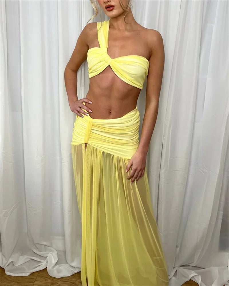 Elegant One Shoulder Crop Top And Maxi Skirt  2 Piece Set