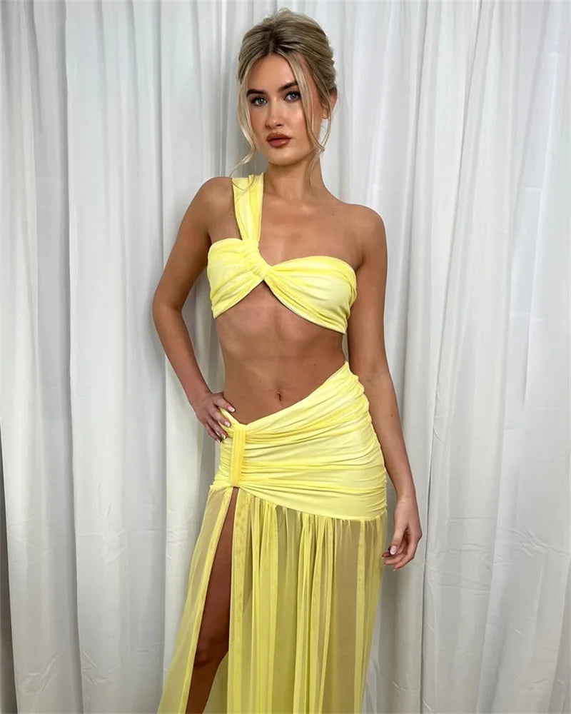 Elegant One Shoulder Crop Top And Maxi Skirt  2 Piece Set