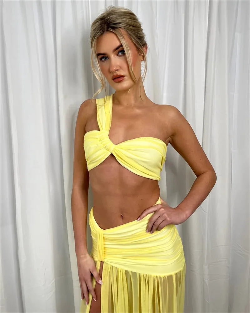 Elegant One Shoulder Crop Top And Maxi Skirt  2 Piece Set