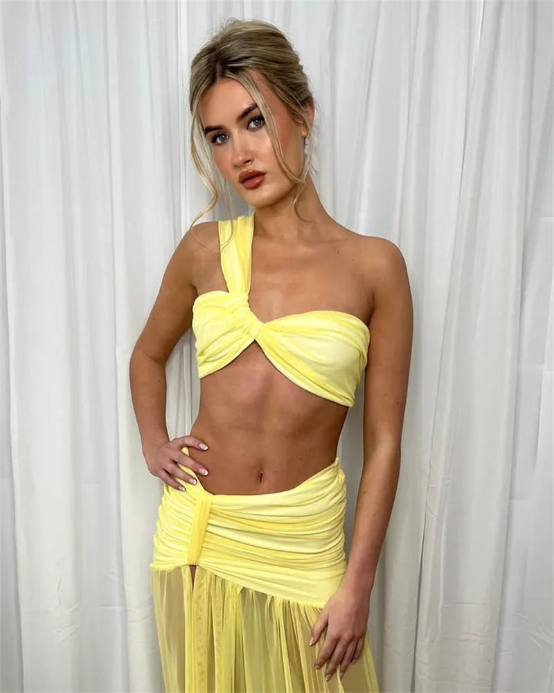 Elegant One Shoulder Crop Top And Maxi Skirt  2 Piece Set