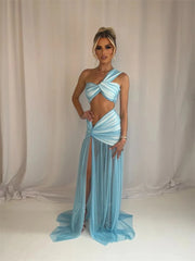 Elegant One Shoulder Crop Top And Maxi Skirt  2 Piece Set
