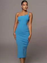 Elegant One Shoulder Cut Out Midi Bodycon Bandage Dress