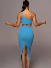 Elegant One Shoulder Cut Out Midi Bodycon Bandage Dress