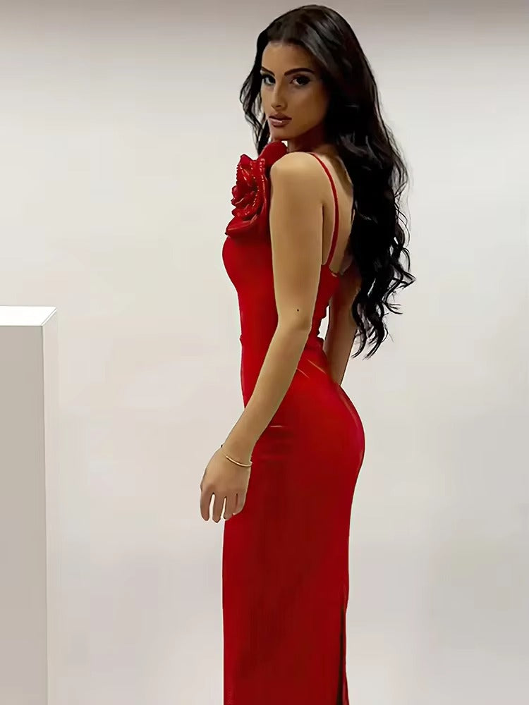Elegant One Shoulder Diamond Flower Patchwork V Neck Backless Maxi Dress