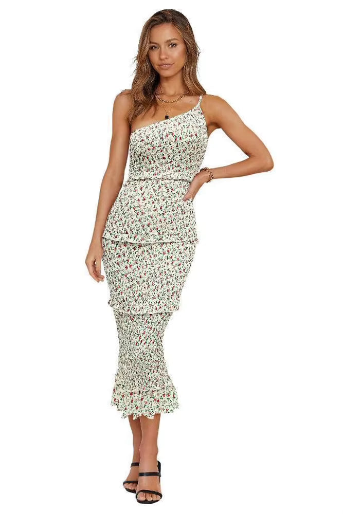 Elegant One Shoulder Fine Shoulder With Ruffle One-Piece Midi Long