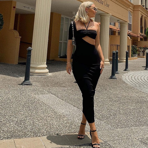 Elegant One Shoulder Halter Neck Cut Out Bodycon Dress
