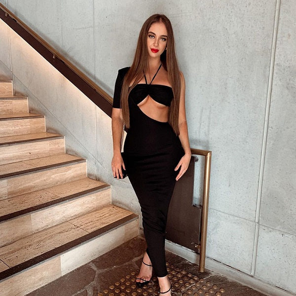 Elegant One Shoulder Halter Neck Cut Out Bodycon Dress