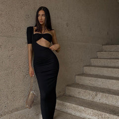 Elegant One Shoulder Halter Neck Cut Out Bodycon Dress