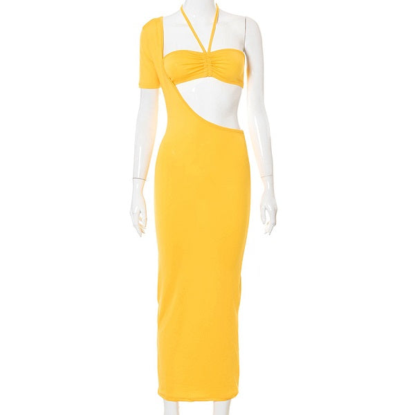 Elegant One Shoulder Halter Neck Cut Out Bodycon Dress