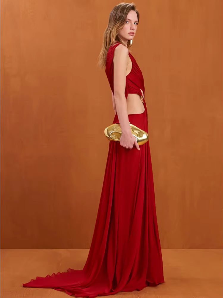 Elegant One Shoulder Irregular Cut Out Sleeveless Slanted Long Maxi Dress