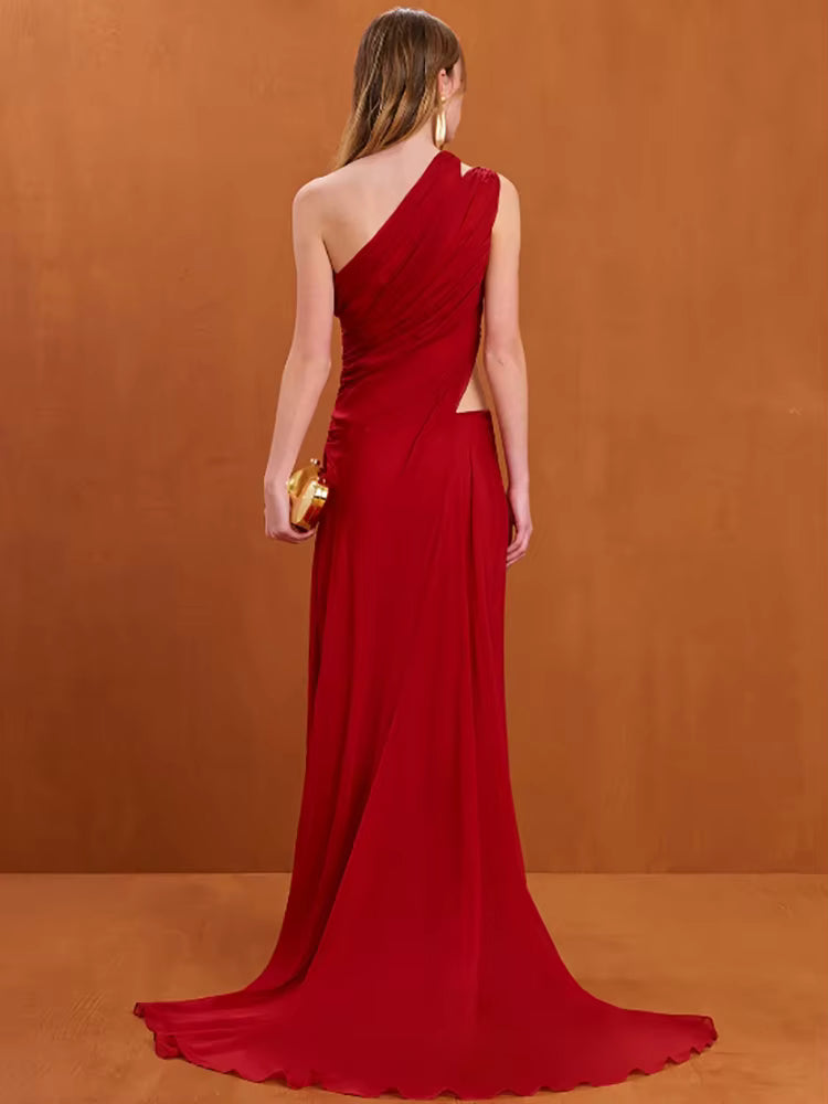 Elegant One Shoulder Irregular Cut Out Sleeveless Slanted Long Maxi Dress