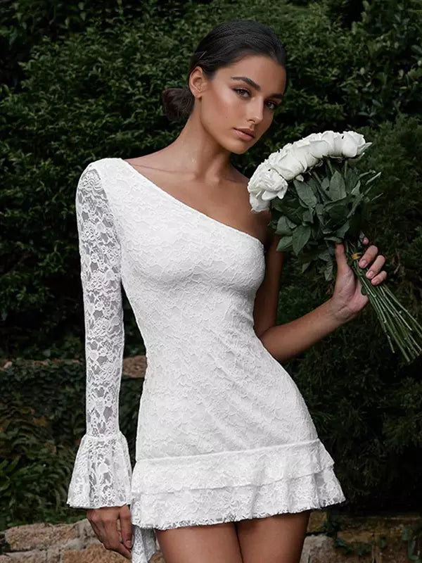 Elegant One-Shoulder Lace Dress With Ruffled Hem Bodycon Mini Dress