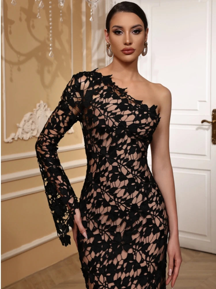 Elegant One Shoulder Long Sleeve Lace Knitted Evening Club Party Midi Bodycon Bandage Dress