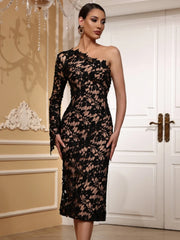 Elegant One Shoulder Long Sleeve Lace Knitted Evening Club Party Midi Bodycon Bandage Dress