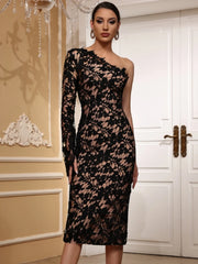 Elegant One Shoulder Long Sleeve Lace Knitted Evening Club Party Midi Bodycon Bandage Dress