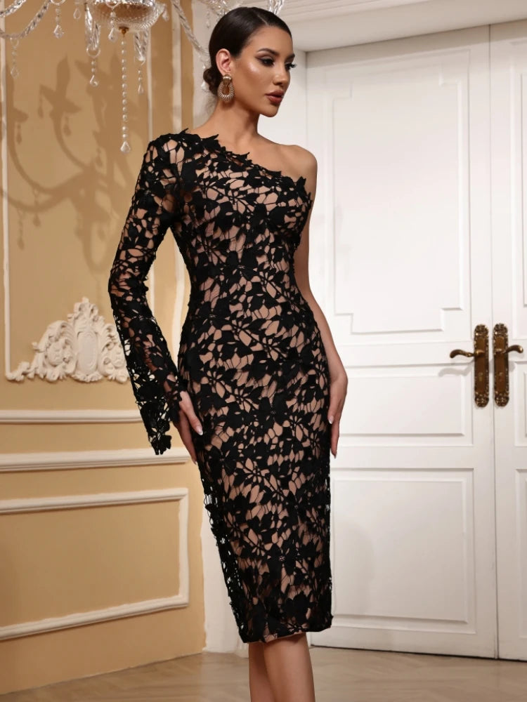 Elegant One Shoulder Long Sleeve Lace Knitted Evening Club Party Midi Bodycon Bandage Dress