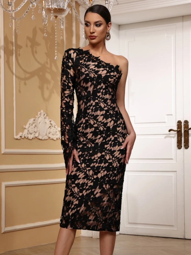 Elegant One Shoulder Long Sleeve Lace Knitted Evening Club Party Midi Bodycon Bandage Dress