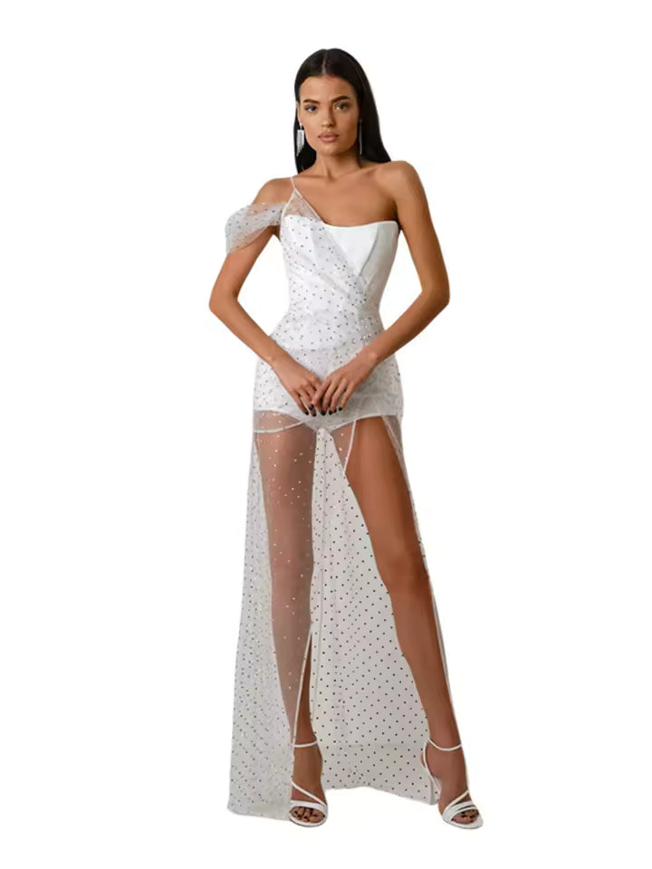 Elegant One Shoulder Mesh Urban Costume Irregular Kpop Split Dress
