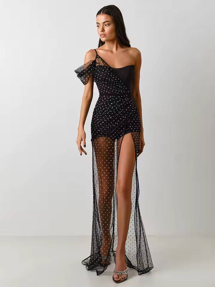 Elegant One Shoulder Mesh Urban Costume Irregular Kpop Split Dress