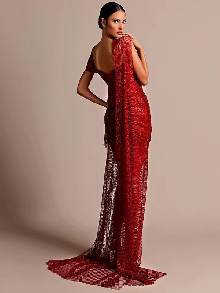Elegant One Shoulder Ruched Crystal Fishnet High Side Slit Sleeves Glitter Prom Cocktail Party Evening Maxi Long Dress
