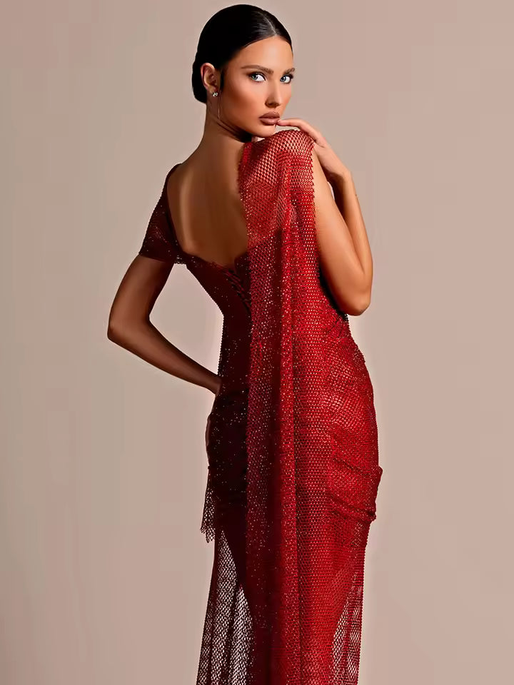 Elegant One Shoulder Ruched Crystal Fishnet High Side Slit Sleeves Glitter Prom Cocktail Party Evening Maxi Long Dress