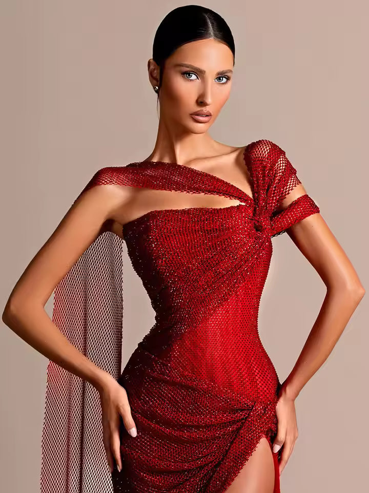 Elegant One Shoulder Ruched Crystal Fishnet High Side Slit Sleeves Glitter Prom Cocktail Party Evening Maxi Long Dress