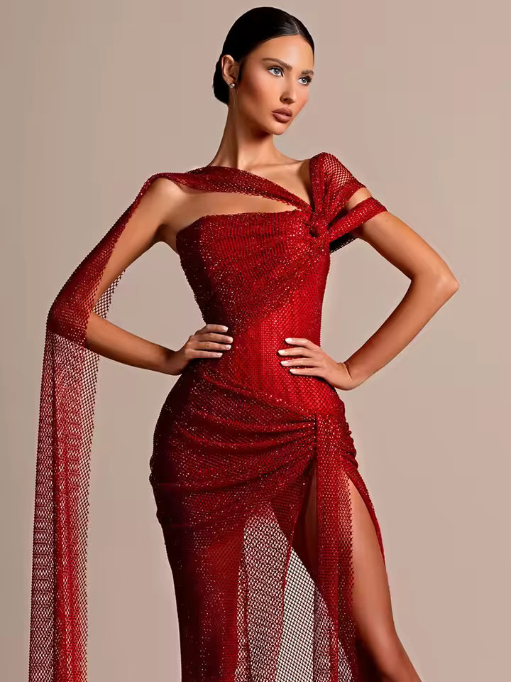 Elegant One Shoulder Ruched Crystal Fishnet High Side Slit Sleeves Glitter Prom Cocktail Party Evening Maxi Long Dress