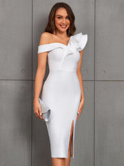 Elegant One Shoulder Ruffle Split Thigh Bodycon Midi Dress
