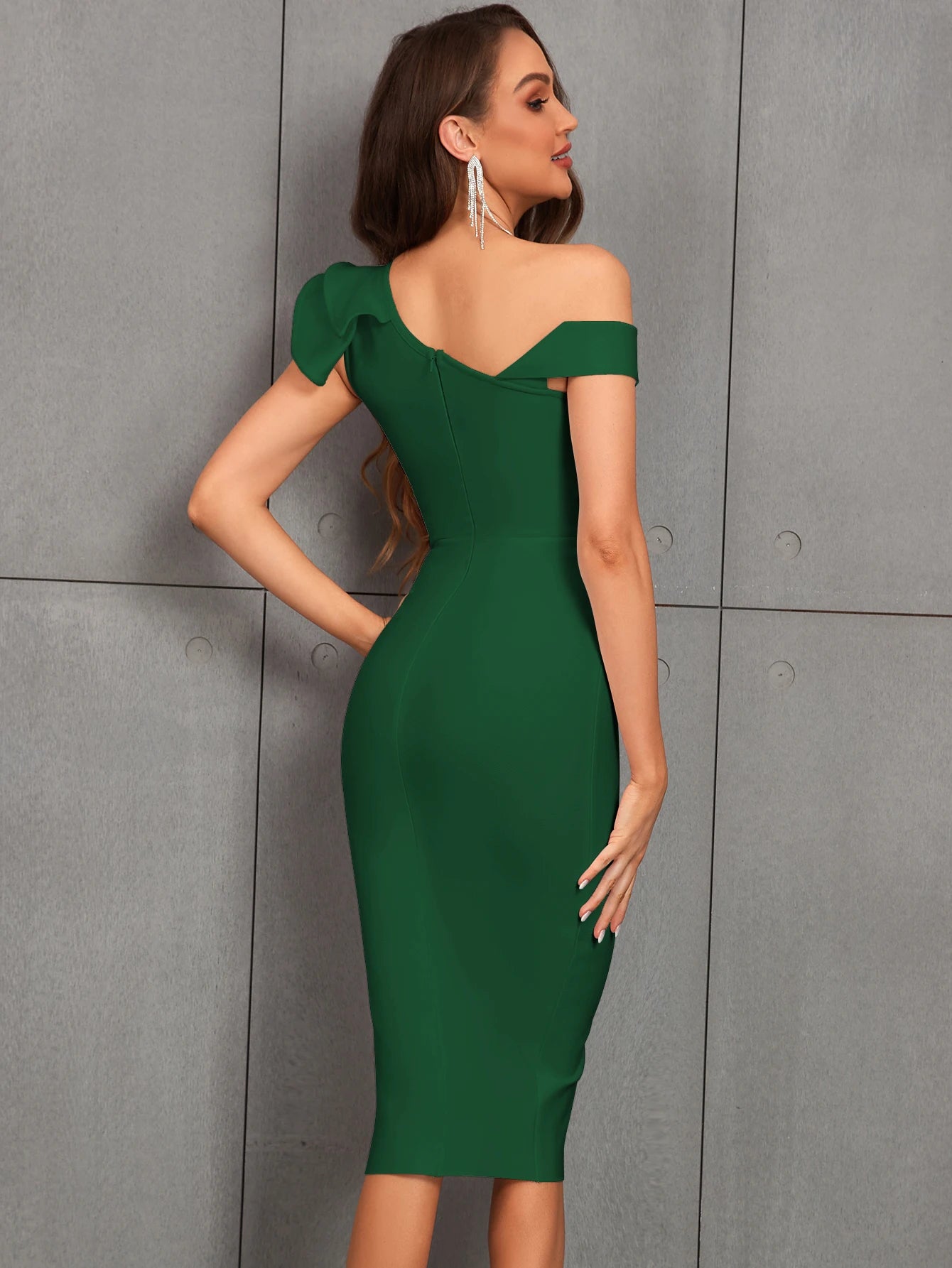 Elegant One Shoulder Ruffle Split Thigh Bodycon Midi Dress