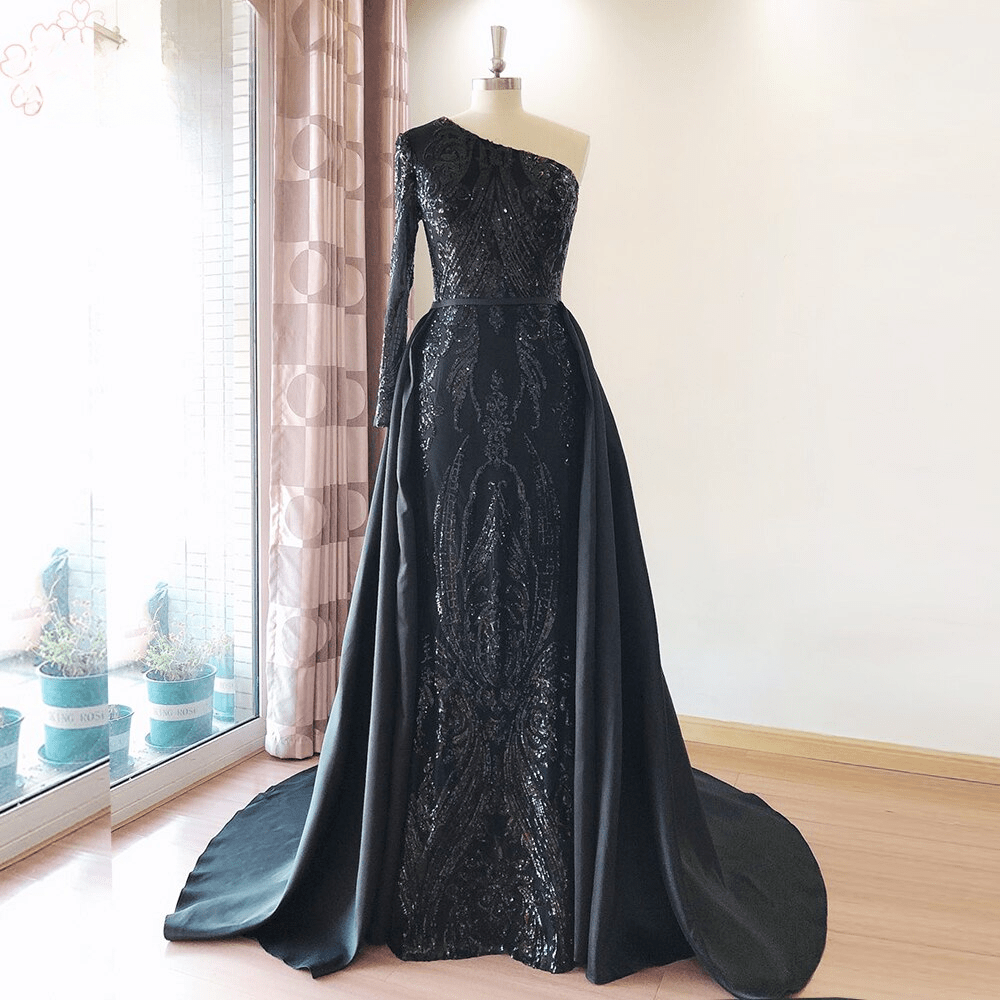 Elegant One Shoulder Sleeve Wedding Evening Night with Detachable Train Dress