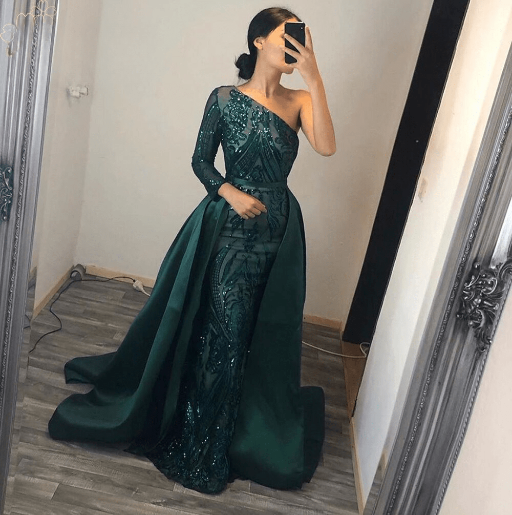 Elegant One Shoulder Sleeve Wedding Evening Night with Detachable Train Dress
