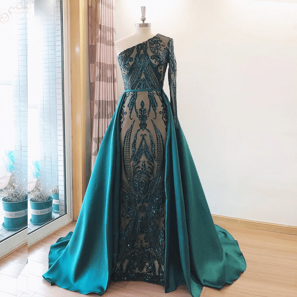 Elegant One Shoulder Sleeve Wedding Evening Night with Detachable Train Dress