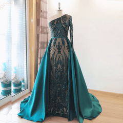 Elegant One Shoulder Sleeve Wedding Evening Night with Detachable Train Dress