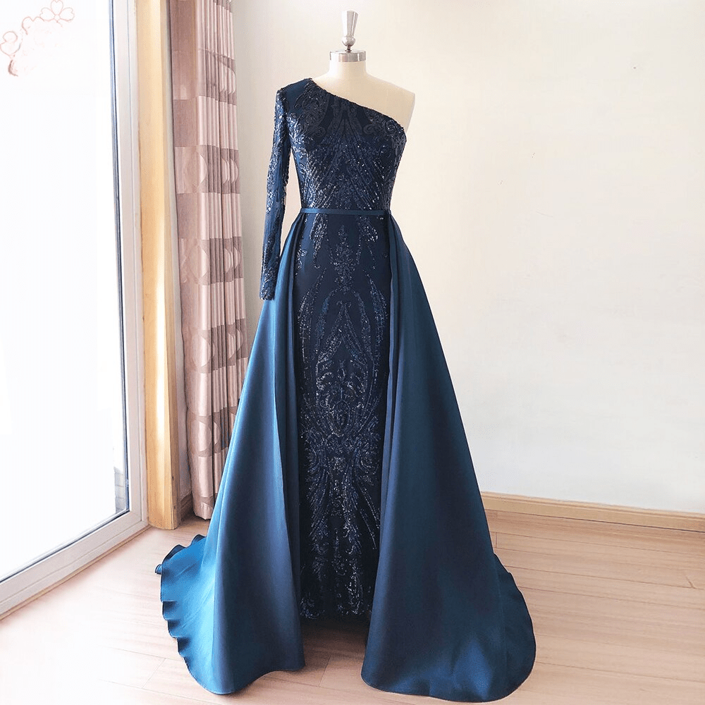 Elegant One Shoulder Sleeve Wedding Evening Night with Detachable Train Dress