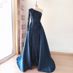 Elegant One Shoulder Sleeve Wedding Evening Night with Detachable Train Dress