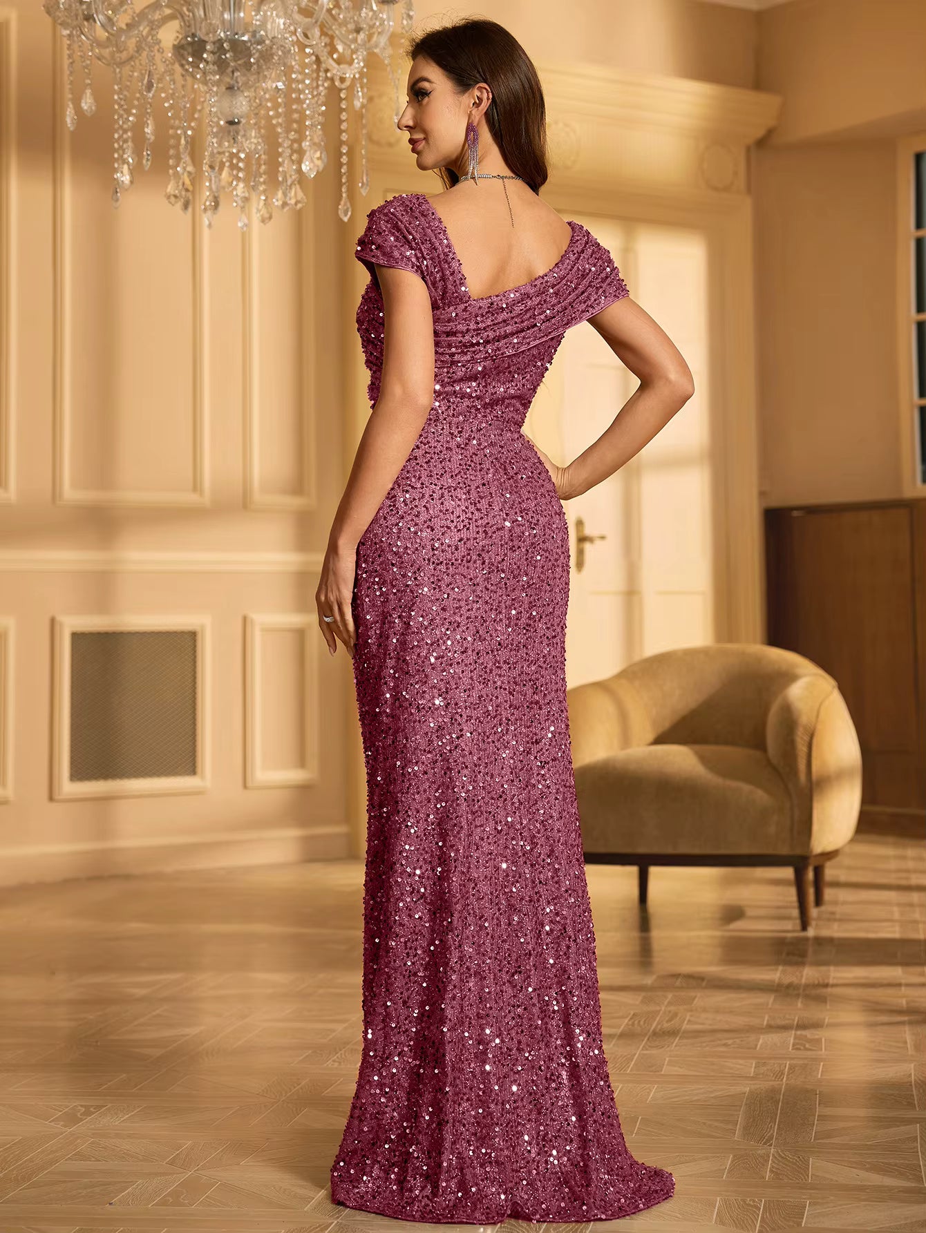 Elegant One Shoulder Sleeveless Long Floor-Length Glitter Sequin Dress
