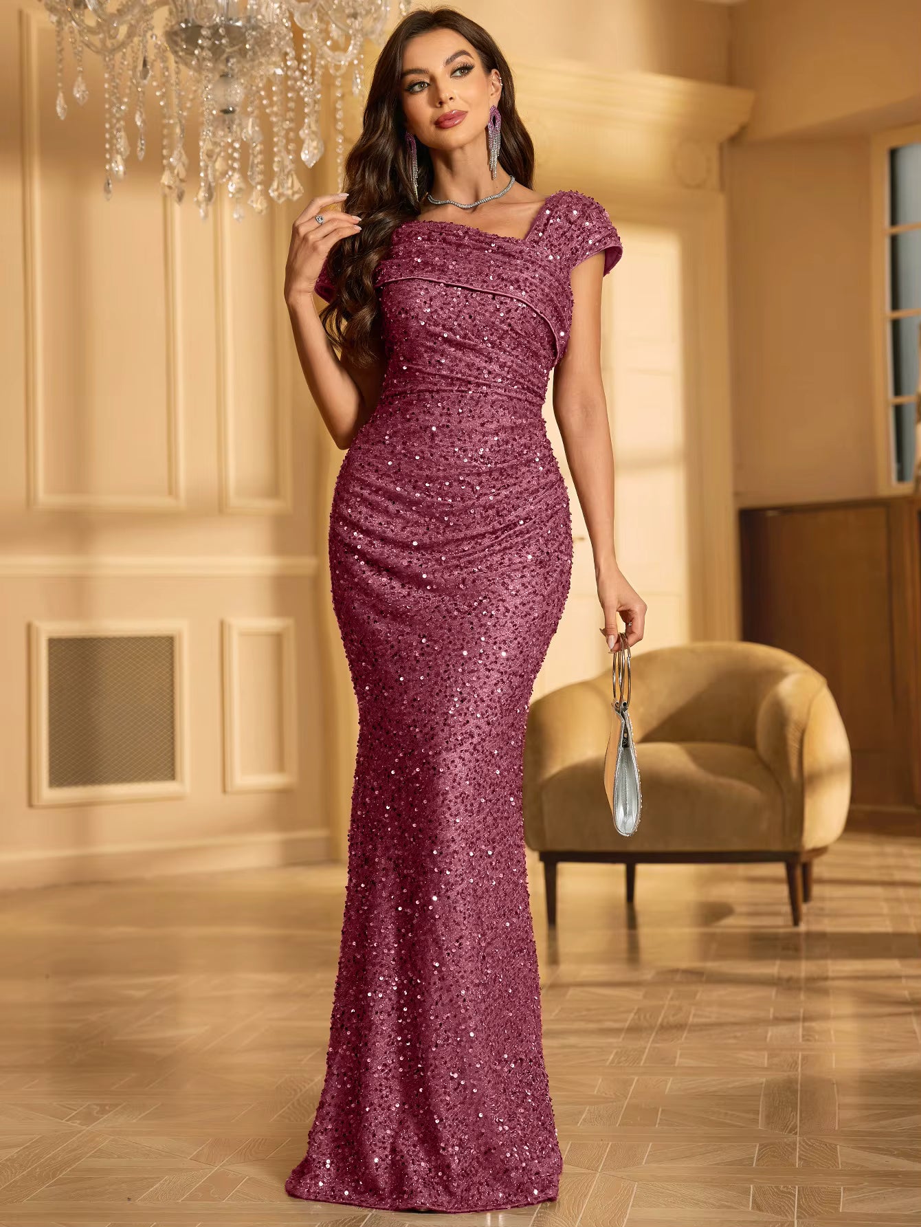 Elegant One Shoulder Sleeveless Long Floor-Length Glitter Sequin Dress