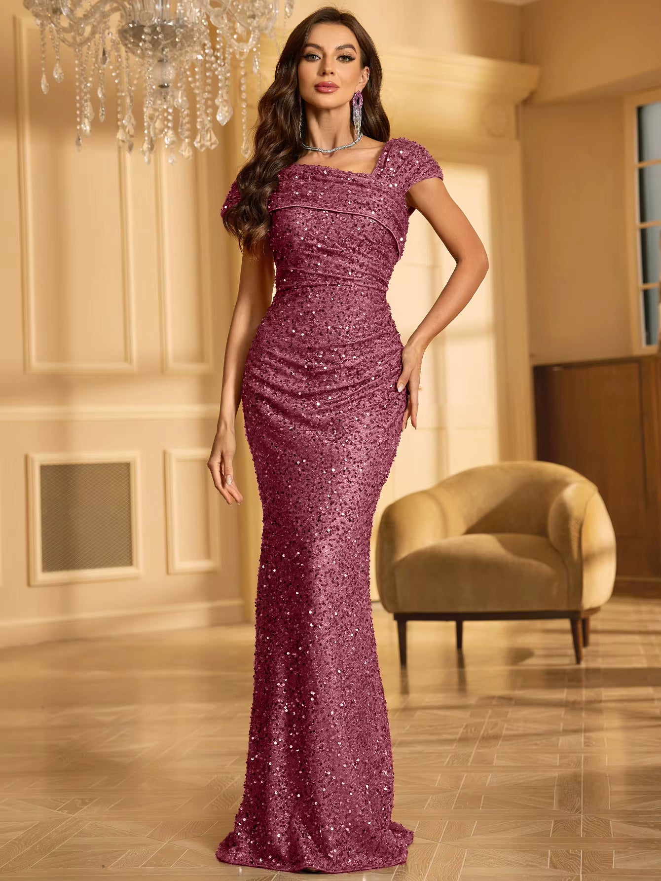 Elegant One Shoulder Sleeveless Long Floor-Length Glitter Sequin Dress