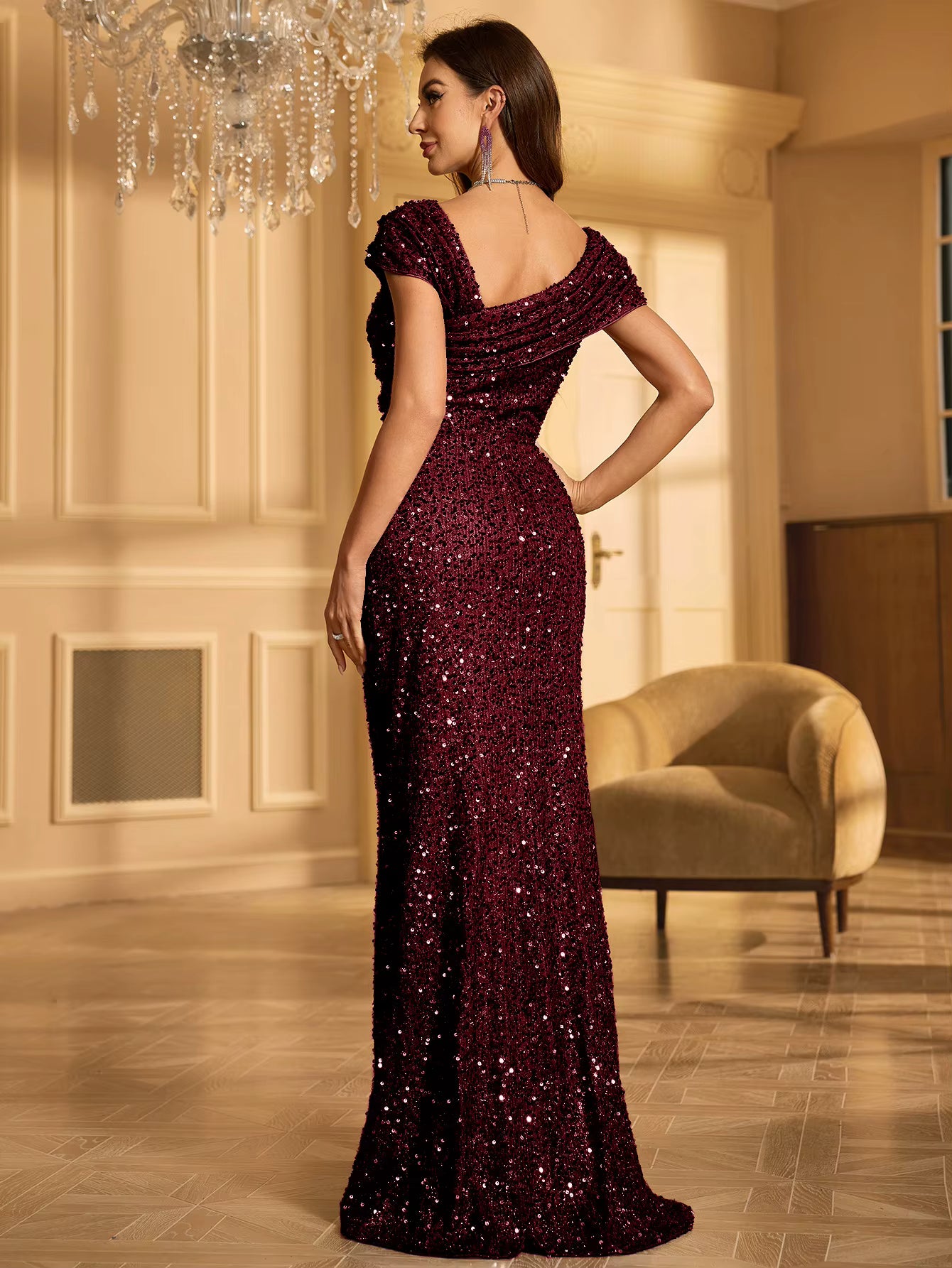 Elegant One Shoulder Sleeveless Long Floor-Length Glitter Sequin Dress