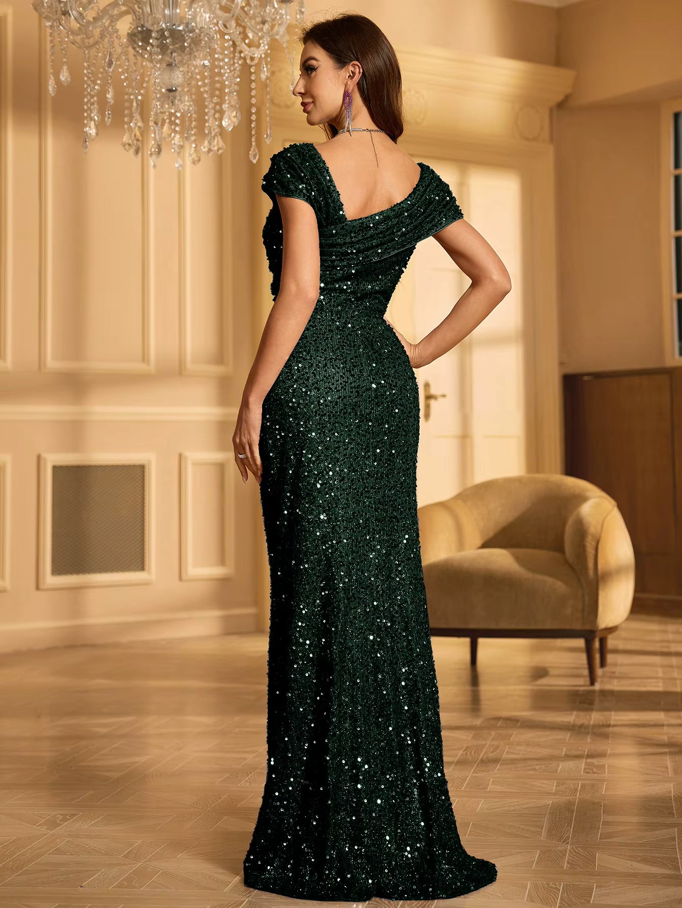 Elegant One Shoulder Sleeveless Long Floor-Length Glitter Sequin Dress