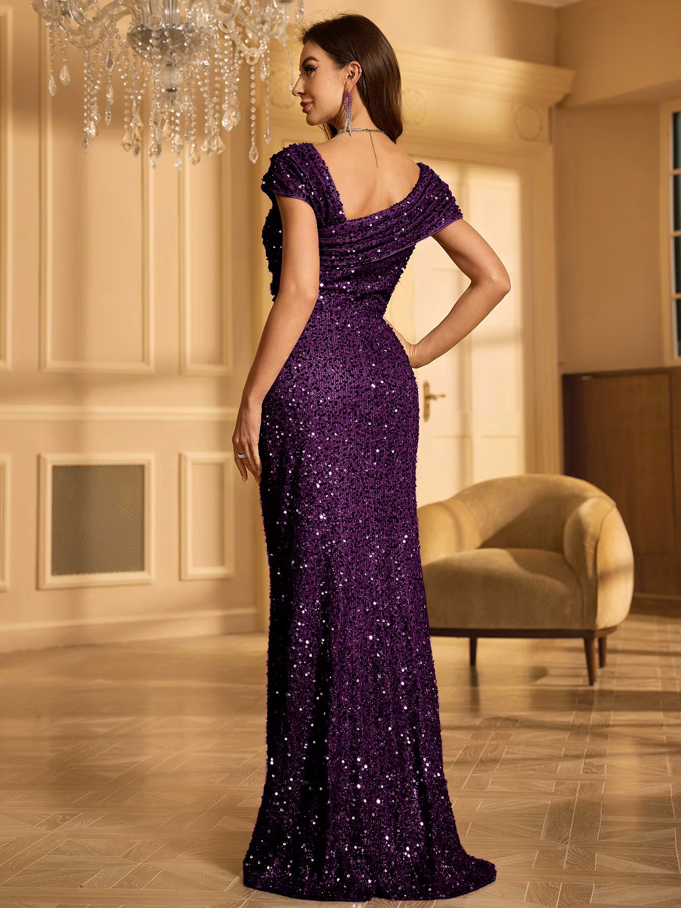 Elegant One Shoulder Sleeveless Long Floor-Length Glitter Sequin Dress