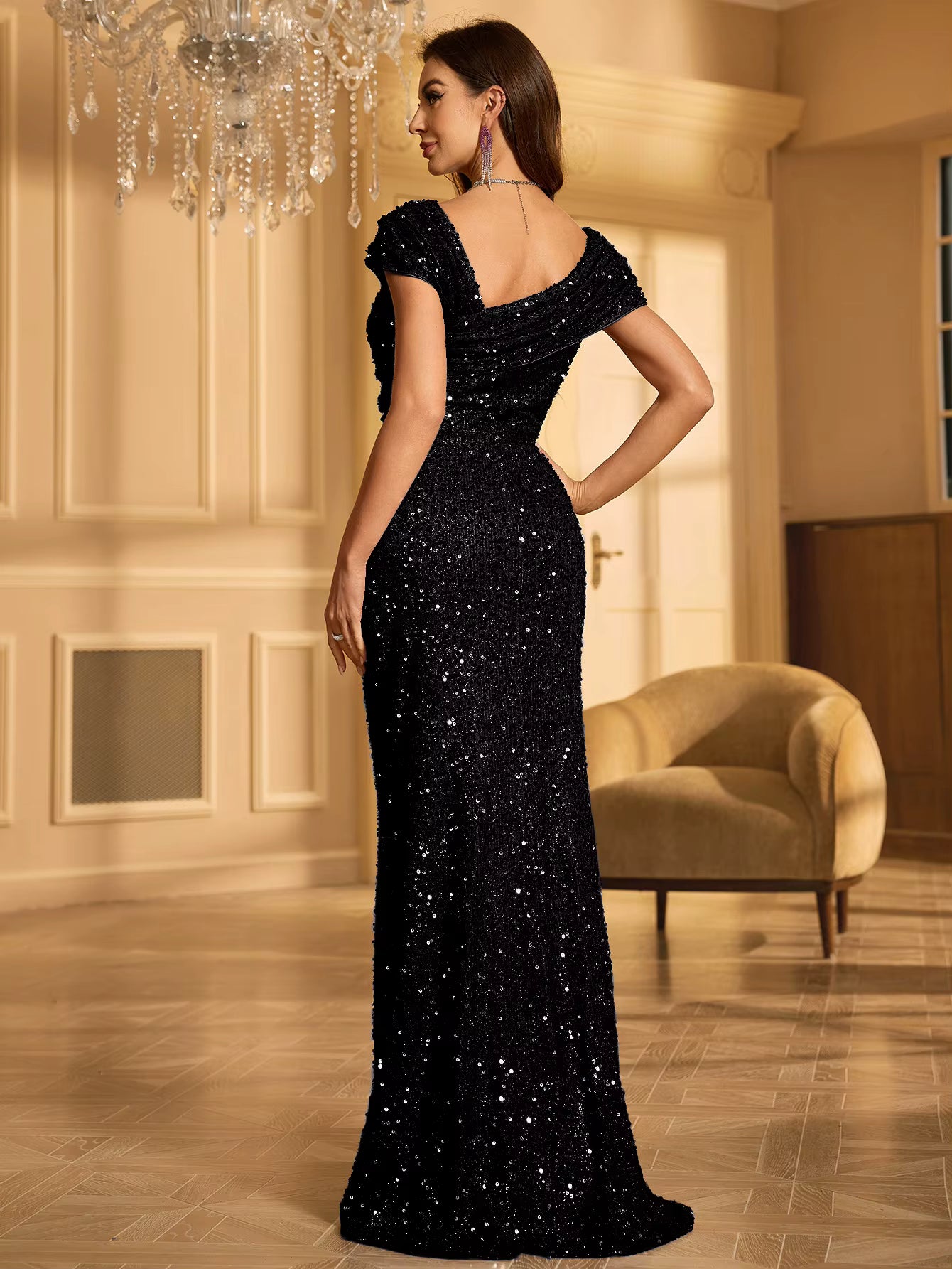 Elegant One Shoulder Sleeveless Long Floor-Length Glitter Sequin Dress