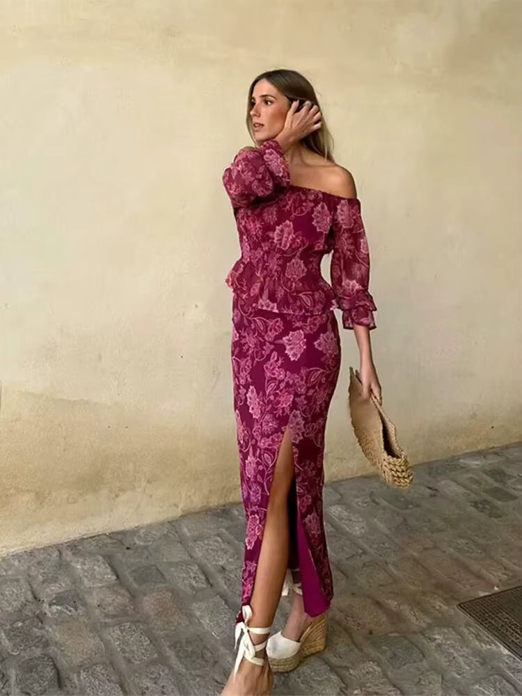 Elegant One-Shoulder Slim Long-Sleeved Shirt With High-Waisted Straight Slit Skirt Suit