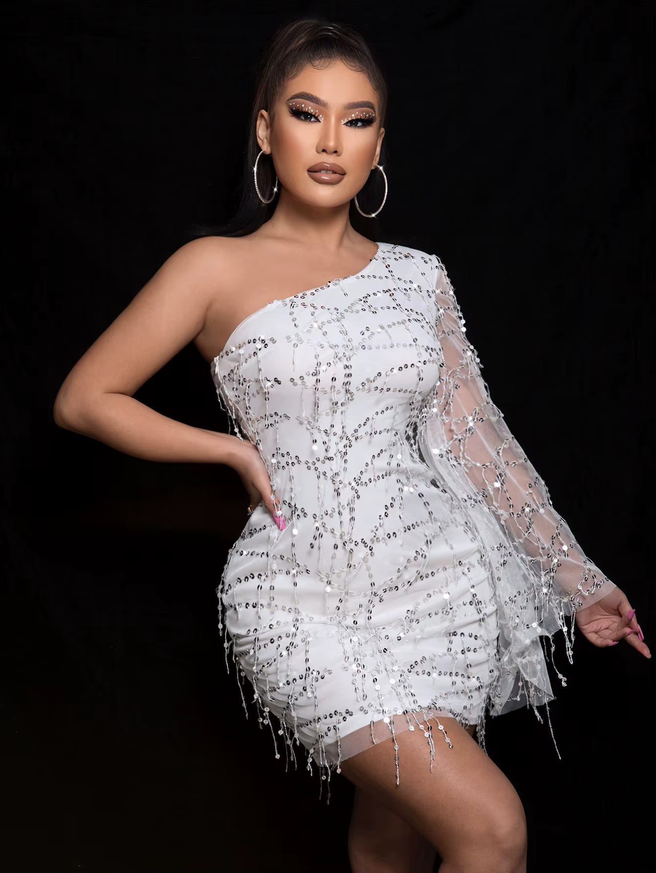 Elegant One Shoulder Trumpet Sleeve Sequin Dress Bodycon Mini Dress