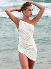 Elegant One Shoulder With Drawstring Detail Pleated Bodycon Mini Dress