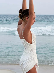 Elegant One Shoulder With Drawstring Detail Pleated Bodycon Mini Dress