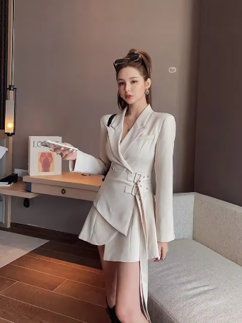 Elegant One-piece Office Lady Sashes Design Long Sleeve Mini Party Blazer Dress