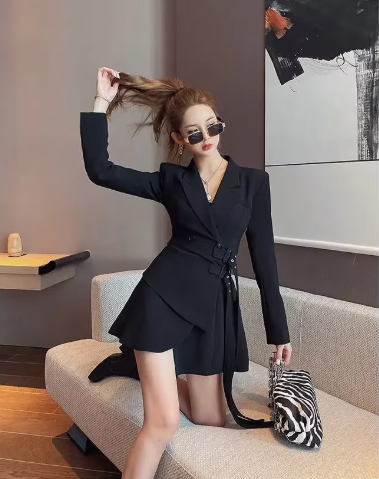 Elegant One-piece Office Lady Sashes Design Long Sleeve Mini Party Blazer Dress